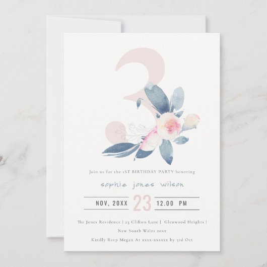 INVITATION ROSE DOUX BLEU BLEU FLORAL 3E TOUT ÂGE ANNIVERSAIR (Devant)