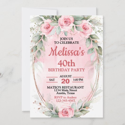 Invitation Rose doux & Sage Vert Roses chaque année Anniversa (Devant)