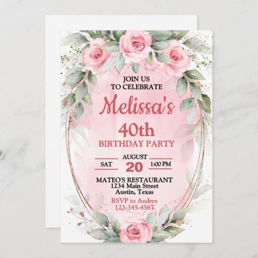 Invitation Rose doux & Sage Vert Roses chaque année Anniversa (Devant / Derrière)