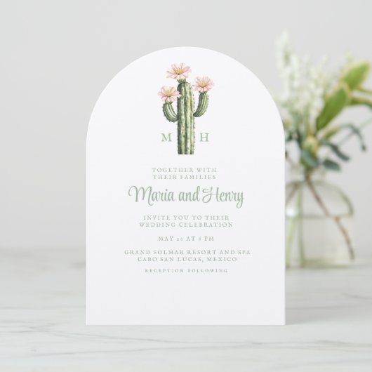Invitation Rose du désert Cactus Mariage Monogramme (Debout devant)