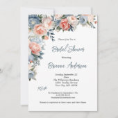 Invitation Rose Dusty Bleu Blanc Floral Élégante Fête des mar (Devant)