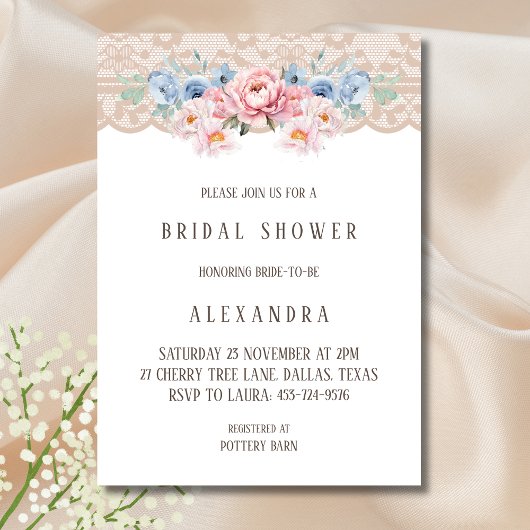 Invitation Rose Dusty Bleu Romantique dentelle florale Fête d