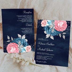 Invitation Rose Dusty Blue Floral tout en un Mariage de marin