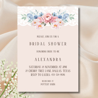 Invitation Rose Dusty Blue Floral Vintage dentelle Fête des m