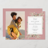 Invitation Rose Dusty Feuille  photo Mariage (Devant / Derrière)