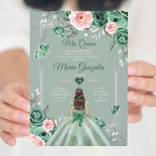 Invitation Rose Dusty Green Silver Mis Quince 15 Anos