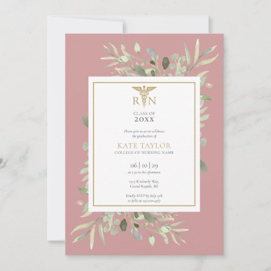 Invitation Rose Dusty Greenery RN Nursing Graduation Photo En (Devant)