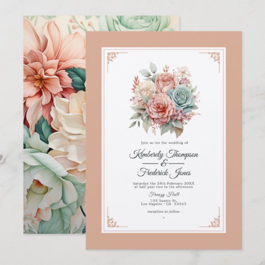 Invitation Rose Dusty, Mint Green et Blush Floral Mariage (Devant / Derrière)