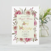 Invitation Rose duveteux aquarelle fleurs Bat mitzvah fleuris (Debout devant)