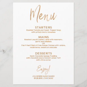 Invitation Rose élégant d'or du menu   de mariage marqué avec