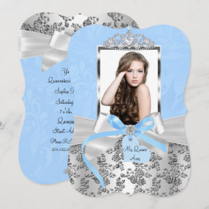 Invitation Rose élégante bleue et argentée Photo Quinceanera