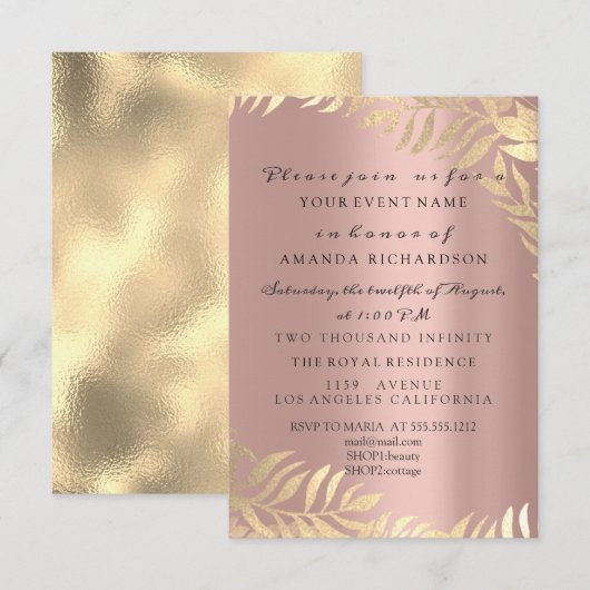 Invitation Rose élégante de jungle dorée pour mariage et anni (Devant / Derrière)