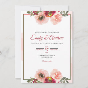 Invitation Rose Élégante Pêche Florale Aquarelle Mariage