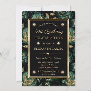Invitation Rose Élégante Verte et Or Fleurs 21e Anniversaire