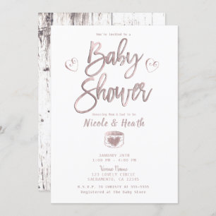 Invitation Rose en bois blanc rustique Baby shower rose or