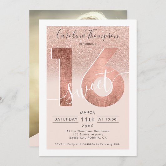 Invitation Rose en feuille d'or parties scintillant script br (Devant / Derrière)
