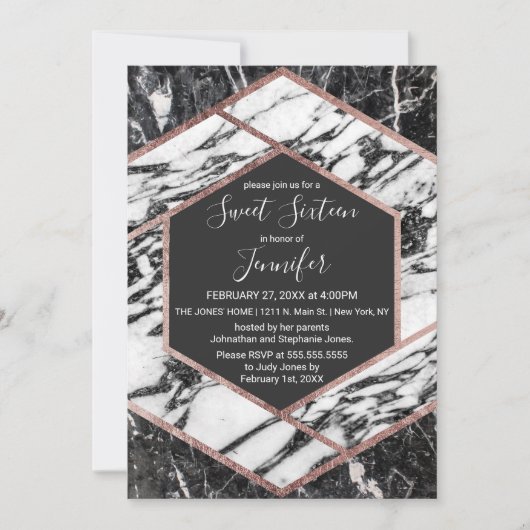 Invitation Rose en marbre moderne doré Hexagon doux Hexagon S (Devant)
