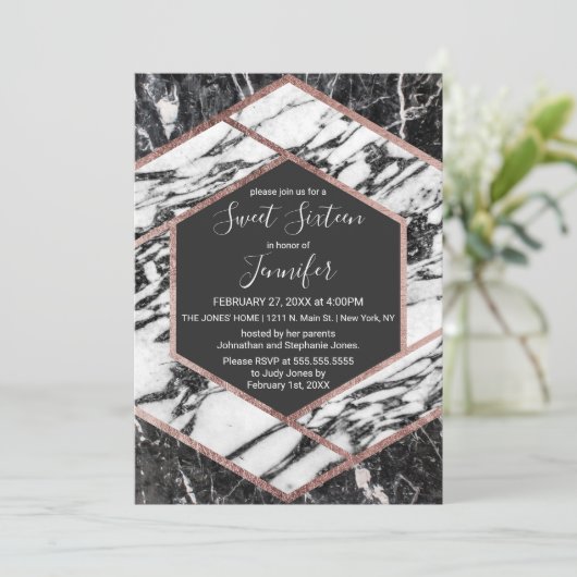 Invitation Rose en marbre moderne doré Hexagon doux Hexagon S (Debout devant)