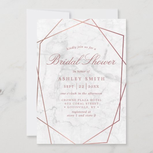 Invitation Rose en marbre or Fête des mariées géométrique sim (Devant)