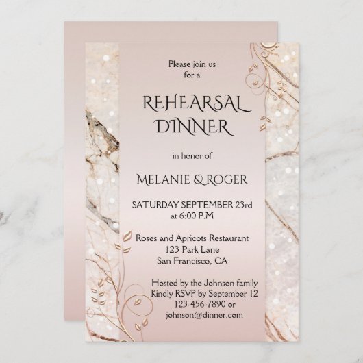 Invitation Rose en marbre or Floral Rehearsal Dîner Invitatio (Devant / Derrière)