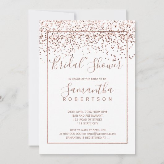 Invitation Rose en or confetti blanc script nuptiale douche (Devant)