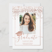 Invitation Rose en or confetti blanc typographie graduation (Devant)