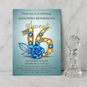 Invitation Rose en pierre précieuse Bleu Or Gemme Douze Ans