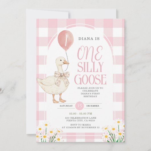 Invitation ROSE En vichy Daisy One Silly Goose Anniversaire (Devant)