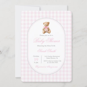 Invitation Rose En vichy ours Baby shower fille