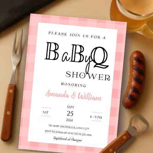 Invitation Rose En vichy Plaid BBQ Bébé Couples Douche