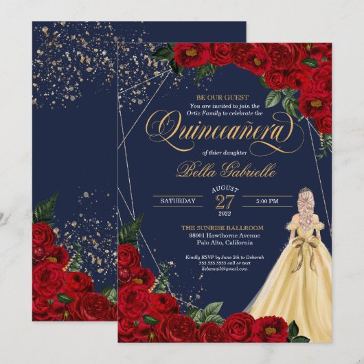 Invitation Rose enchanté Rouge & Or Fairytale Quinceañera (Devant / Derrière)