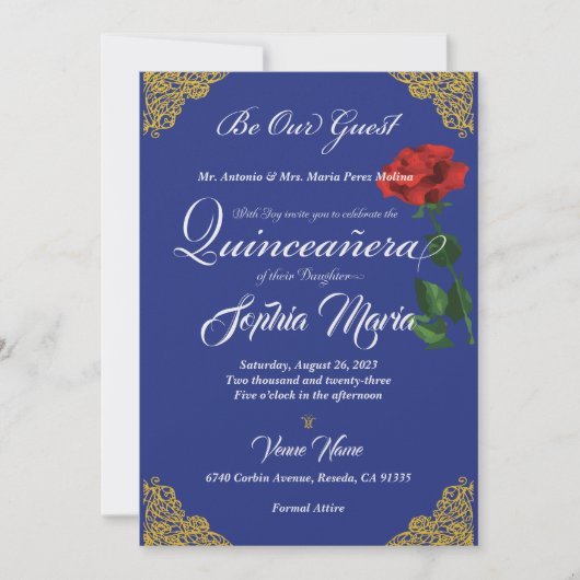 Invitation Rose enchantée Quinceanera (Devant)