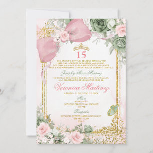 Invitation Rose espagnole et floral vert sauge 15 ans Anniver