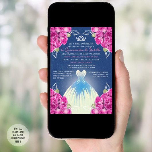 INVITATION ROSE ESPAGNOLE ET QUINCEAÑERA BLEU |