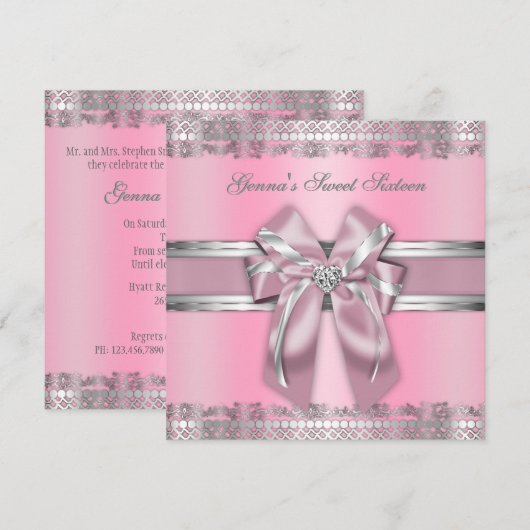 Invitation rose et argenté chic (Devant / Derrière)