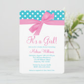 Invitation Rose et baby shower turquoise de point de polka (Debout devant)