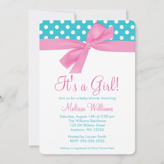 Invitation Rose et baby shower turquoise de point de polka (Devant)