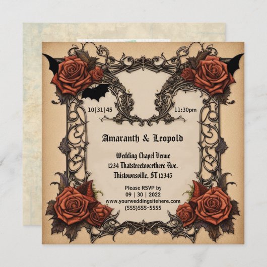 Invitation Rose et Batwing Lattice Goth Halloween Mariage (Devant / Derrière)