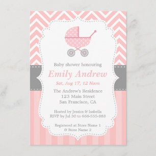 Invitation Rose et Blanc Chevron, Poussette, Fête de Naissanc