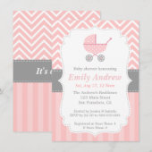 Invitation Rose et Blanc Chevron, Poussette, Fête de Naissanc (Devant / Derrière)