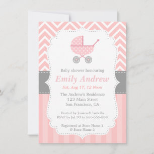 Invitation Rose et Blanc Chevron, Poussette, Fête de Naissanc