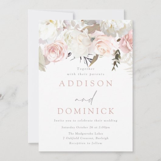 Invitation Rose et blanc Flore Mariage moderne (Devant)
