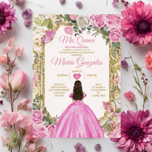 Invitation Rose et blanc Mis Quince 15 Anos Gold Crown