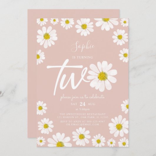 Invitation Rose et blanc Retro Daisy 2e anniversaire (Devant / Derrière)