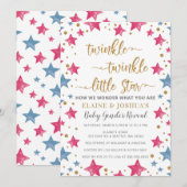 Invitation Rose et Bleu étoiles Baby shower de révélation de  (Devant / Derrière)