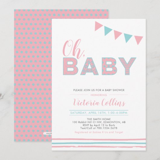 Invitation Rose et Bleu | Fille moderne Typography Shower béb (Devant / Derrière)