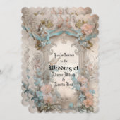 Invitation Rose et bleu floral pastel victorien (Devant / Derrière)