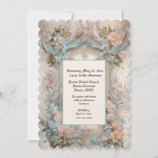Invitation Rose et bleu floraux pastel victorien (Dos)