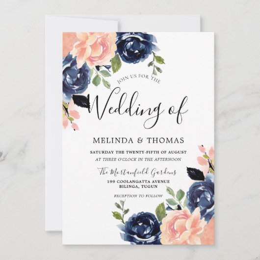 Invitation Rose et bleu marine Fleurs Mariage moderne (Devant)