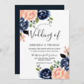 Invitation Rose et bleu marine Fleurs Mariage moderne (Devant / Derrière)